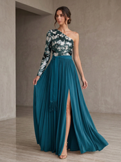 Brown One-Shoulder Long Sleeve Sequined Pleated Split A-Line Floor-Length Gown Dress