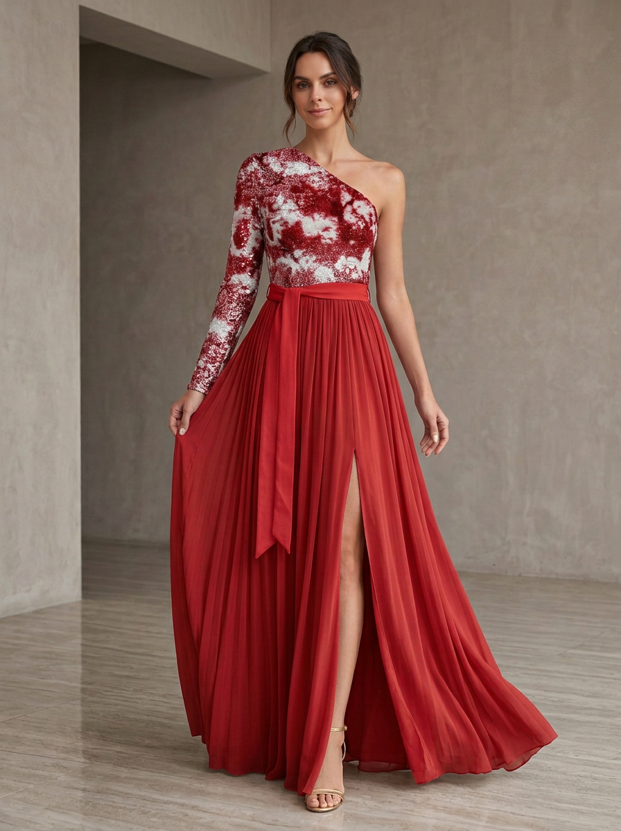 Brown One-Shoulder Long Sleeve Sequined Pleated Split A-Line Floor-Length Gown Dress