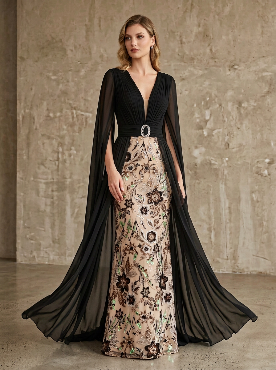 Black and Nude Floral Embroidered V-Neck Cape Sleeve Sheath Floor-Length Gown Dress