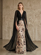 Black and Nude Floral Embroidered V-Neck Cape Sleeve Sheath Floor-Length Gown Dress