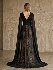 Black and Nude Floral Embroidered V-Neck Cape Sleeve Sheath Floor-Length Gown Dress
