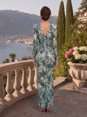 Dark Green Tie-Dye Sequin V-Neck Long Sleeve Sheath Floor-Length Gown Dress