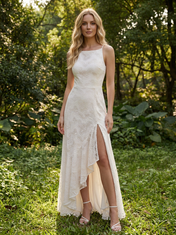 White Square Neck Sleeveless Lace Split A-Line Floor-Length Gown Dress
