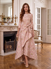 Pink Floral Jacquard Three-Quarter Sleeve Bow Accent High-Low A-Line Floor-Length Gown Dress
