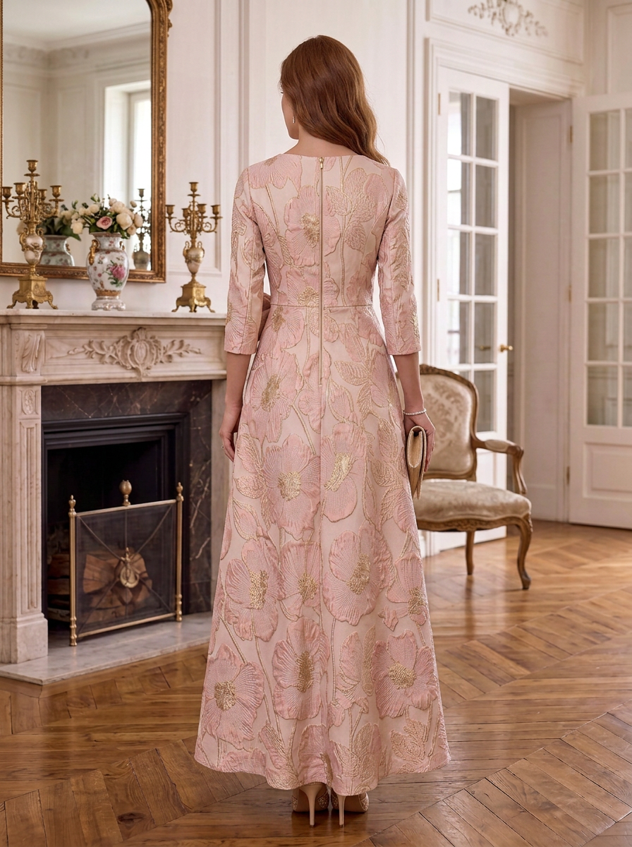 Pink Floral Jacquard Three-Quarter Sleeve Bow Accent High-Low A-Line Floor-Length Gown Dress