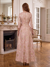 Pink Floral Jacquard Three-Quarter Sleeve Bow Accent High-Low A-Line Floor-Length Gown Dress