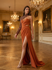 Rust Sequin One-Sleeve Cutout Sheath Floor-Length Gown Dress