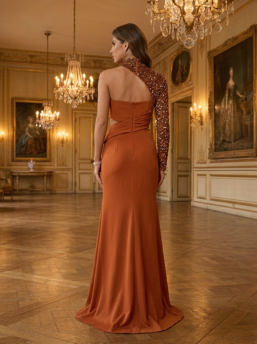Rust Sequin One-Sleeve Cutout Sheath Floor-Length Gown Dress
