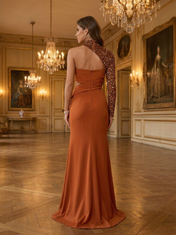 Rust Sequin One-Sleeve Cutout Sheath Floor-Length Gown Dress