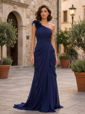 Navy Blue One-Shoulder Ruched Ruffled Floor-Length Gown Dress