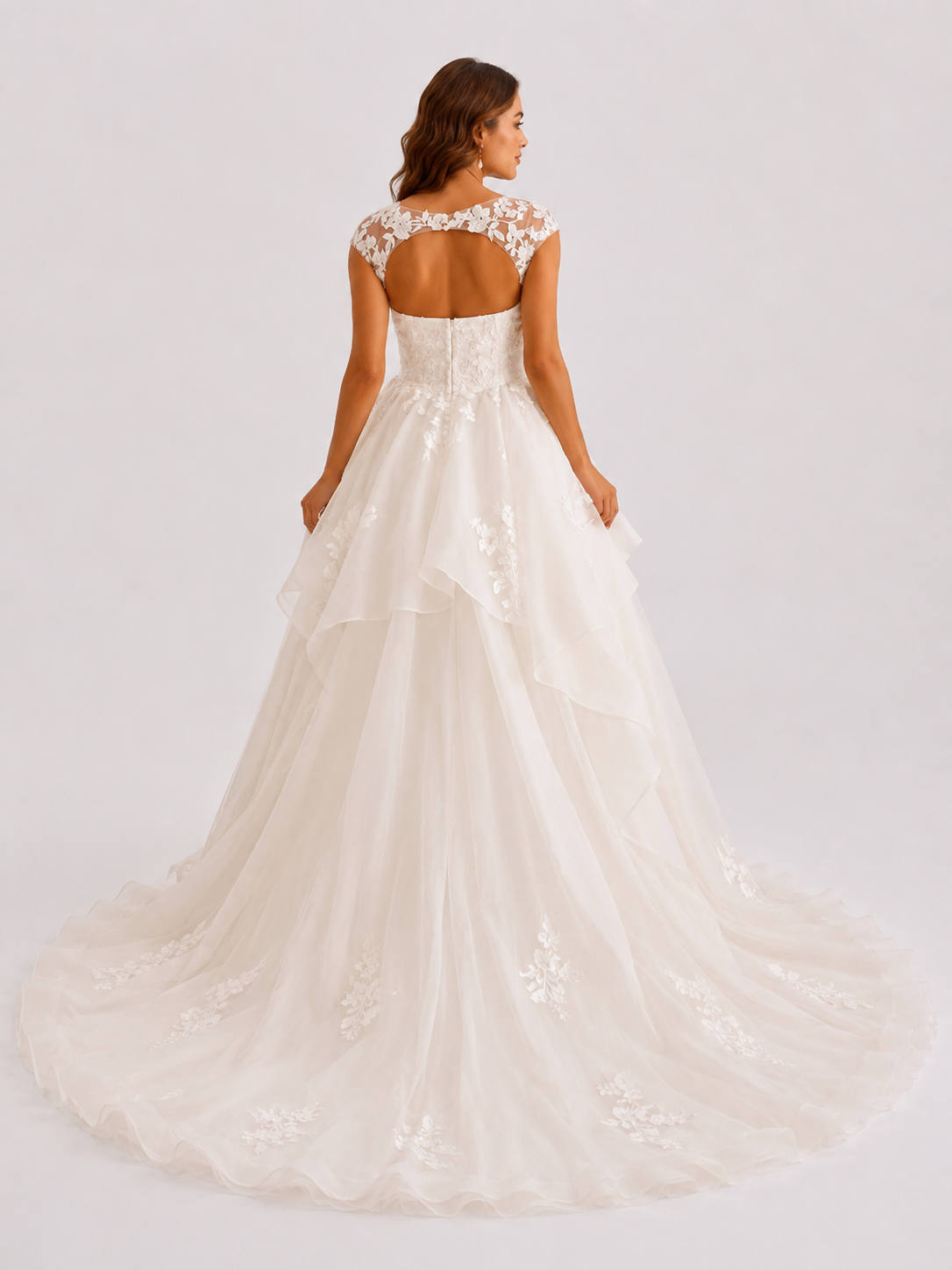 Elegant Cap-Sleeve Layered Tulle A-Line Wedding Dress with Floral Lace Appliques and Chapel Train