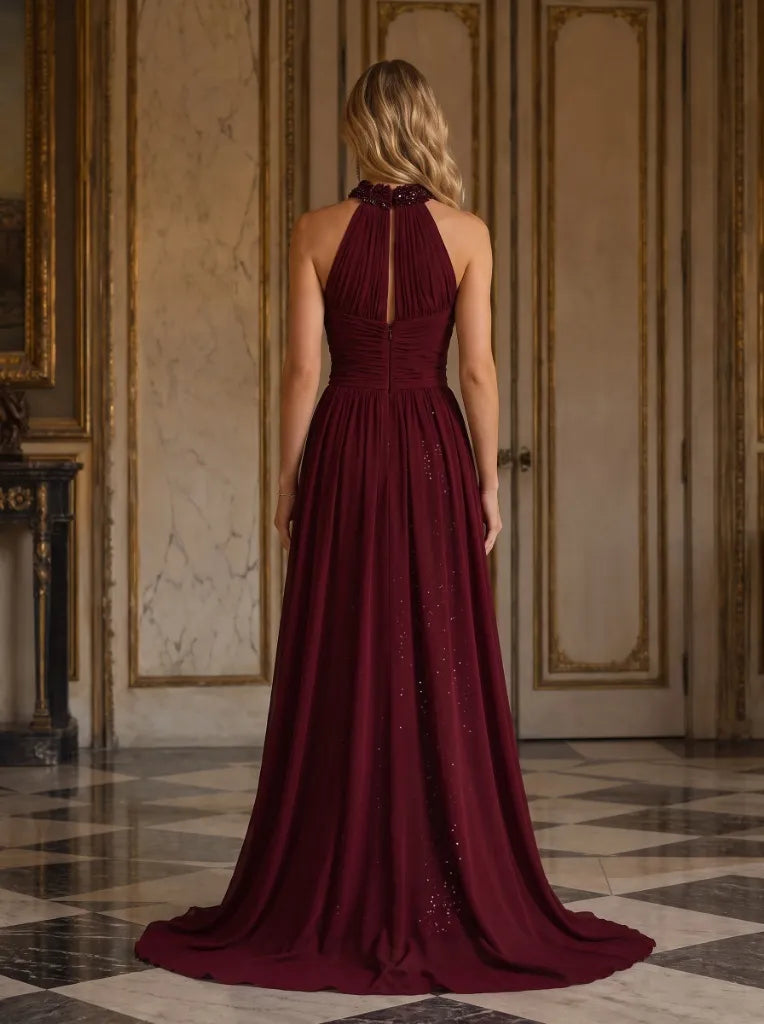 Elegant Burgundy Halter Sequin Evening Dress with Chiffon Overlay