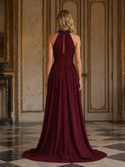 Elegant Burgundy Halter Sequin Evening Dress with Chiffon Overlay