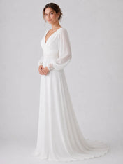 Elegant V-Neck Chiffon Wedding Dress with Bishop Sleeves and Lace Cuffs