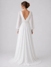 Elegant V-Neck Chiffon Wedding Dress with Bishop Sleeves and Lace Cuffs