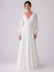 Elegant V-Neck Chiffon Wedding Dress with Bishop Sleeves and Lace Cuffs