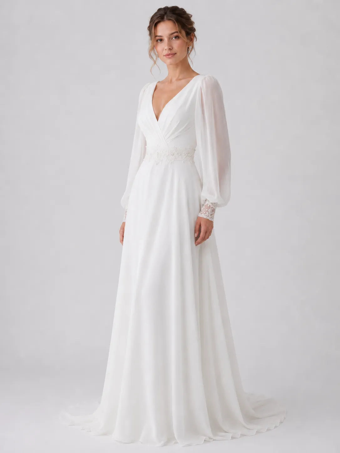 Elegant V-Neck Chiffon Wedding Dress with Bishop Sleeves and Lace Cuffs