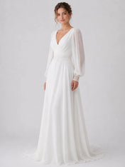Elegant V-Neck Chiffon Wedding Dress with Bishop Sleeves and Lace Cuffs