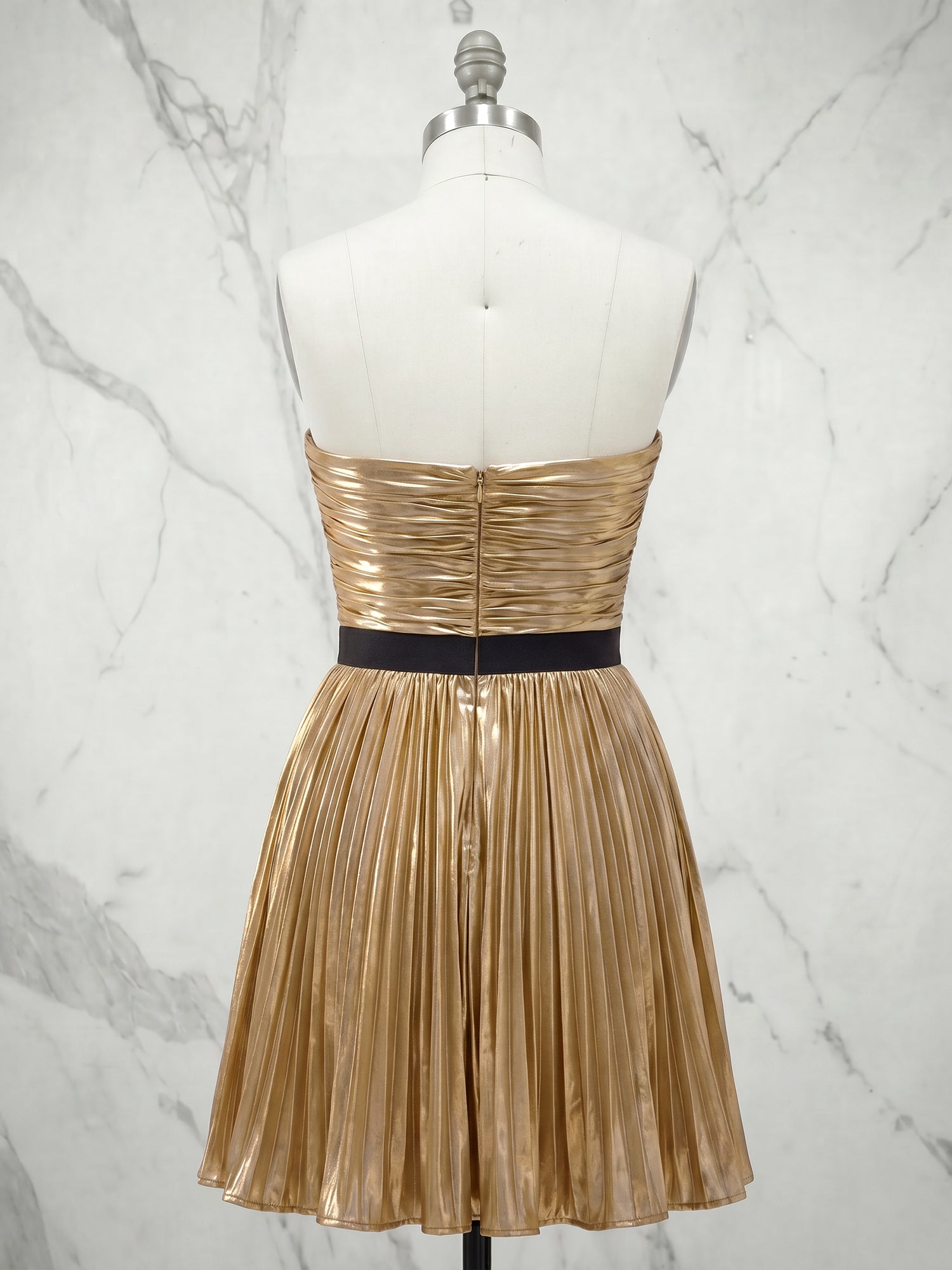 Metallic Gold Pleated Strapless Short Homecoming Dress with Black Rose Bow