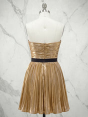 Metallic Gold Pleated Strapless Short Homecoming Dress with Black Rose Bow