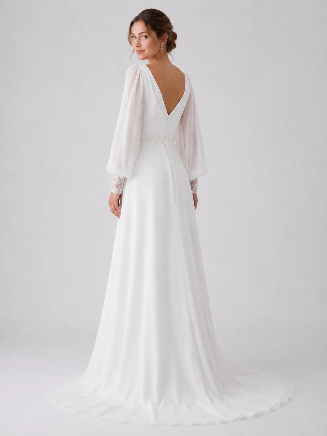 Elegant V-Neck Chiffon Wedding Dress with Bishop Sleeves and Lace Cuffs