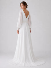 Elegant V-Neck Chiffon Wedding Dress with Bishop Sleeves and Lace Cuffs