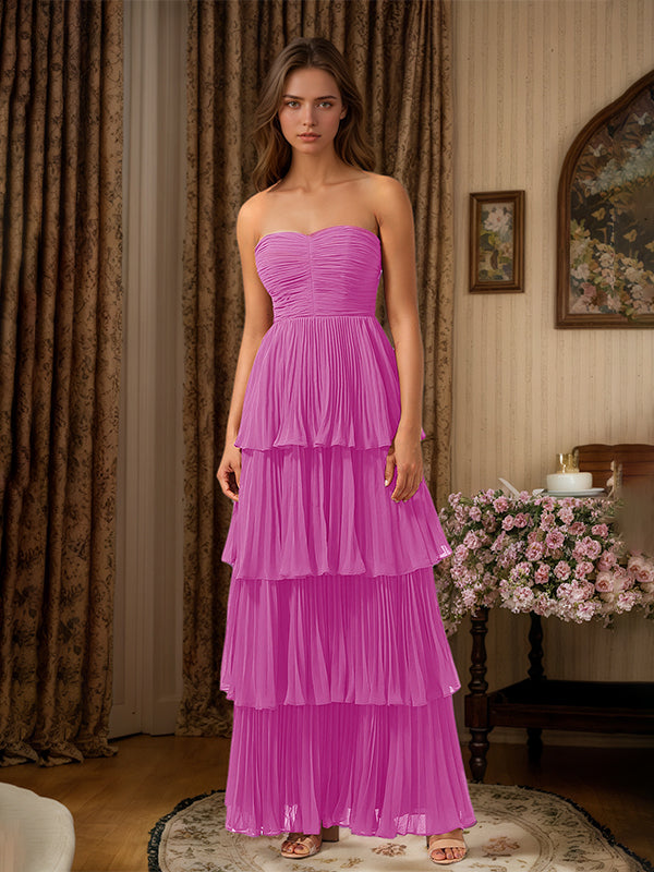 Burgundy A-Line Sweetheart Floor Length Tiered Chiffon Bridesmaid Dress