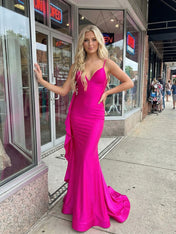 Hot Pink V-Neck Prom Dress with Cascading Back Ruffle