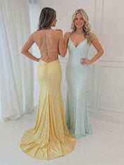 Radiant Yellow Pearl Embellished V-Neck Prom Dresses
