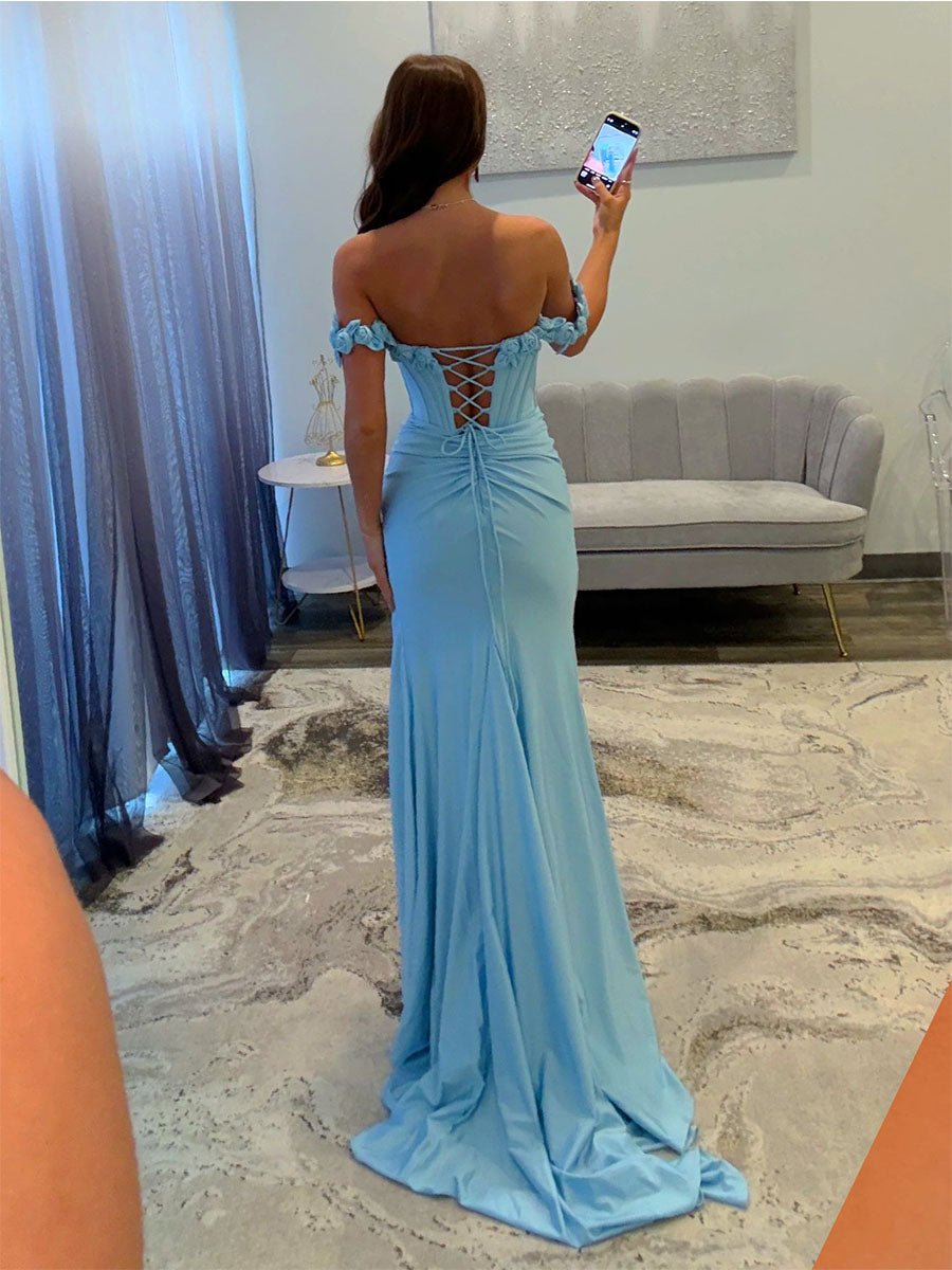 Light Blue Satin Corset Prom Dress with 3D Rosettes