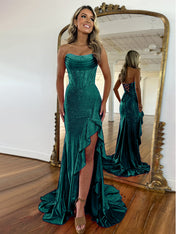 Hot Pink Mermaid Strapless Corset Bodice Long Prom Dress with Ruffle Slit