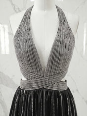 Black Halter Deep V-Neck Rhinestone Striped Tiered Ruffle Short Homecoming Dresses
