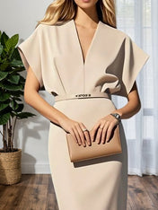Light Blue Classic V Neck Short Sleeve Dolman Sleeve Sheath Midi Dress