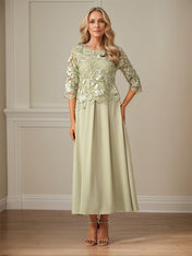 Crew Neck  A Line Ruffle Ruched Lace Maxi Dress Mother Of The Bride Dress