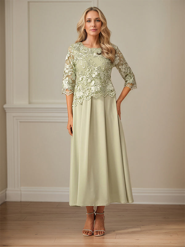 Crew Neck  A Line Ruffle Ruched Lace Maxi Dress Mother Of The Bride Dress