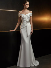 Elegant Evening Satin Dress Off-Shoulder Mermaid White Sash Rhinestone Dress