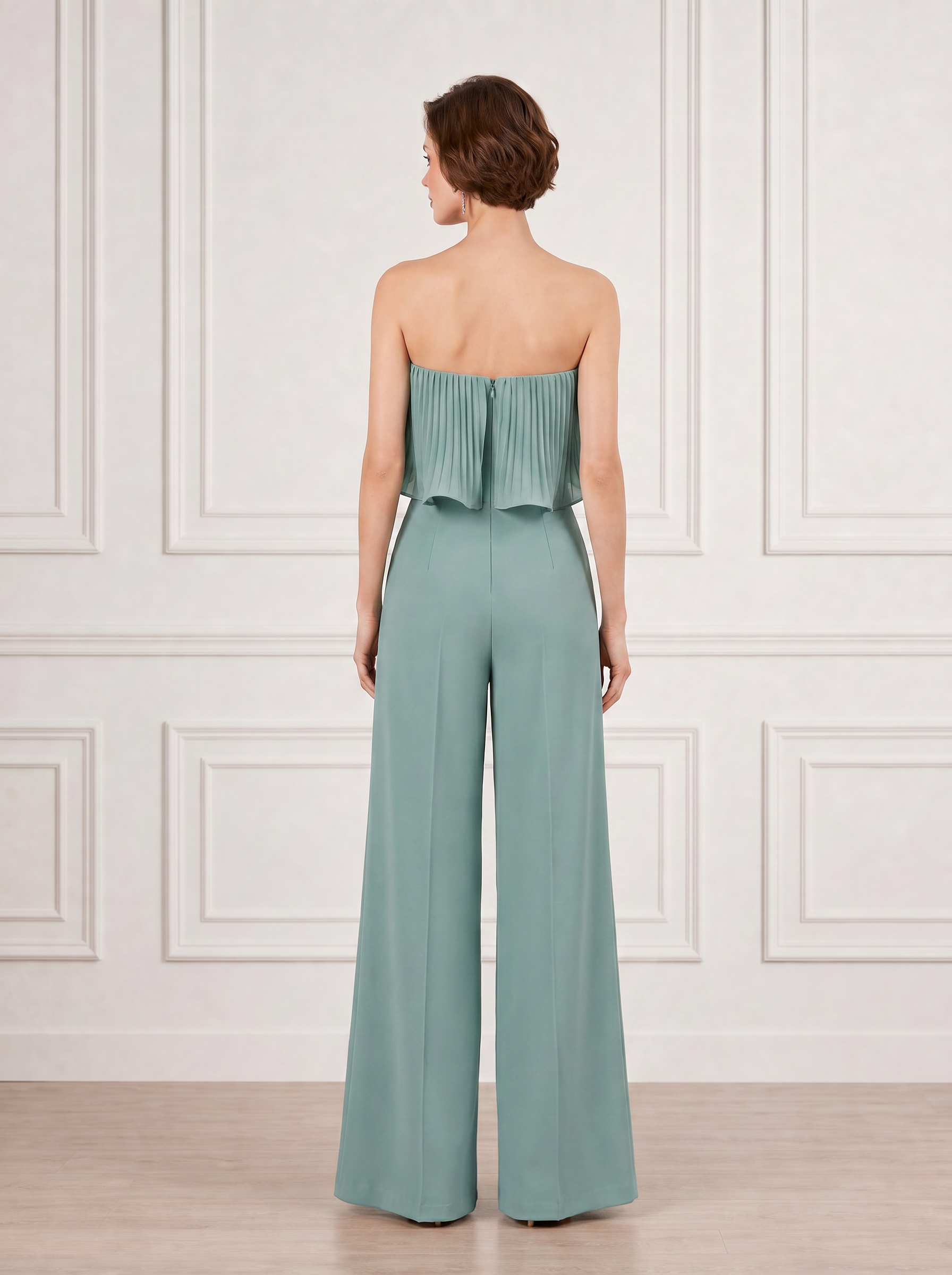 Pleated Ruffle Strapless Floor-Length Jumpsuits with Wide Leg