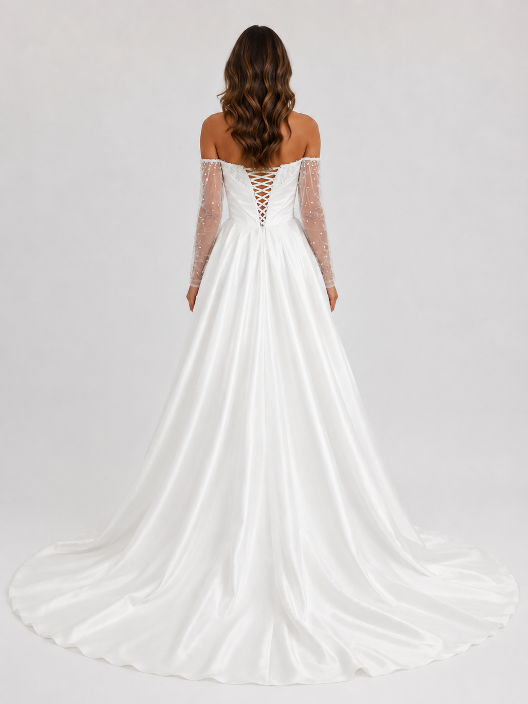 Elegant Off-the-Shoulder Beaded Sleeve Satin A-Line Wedding Dress with High Slit and Chapel Train