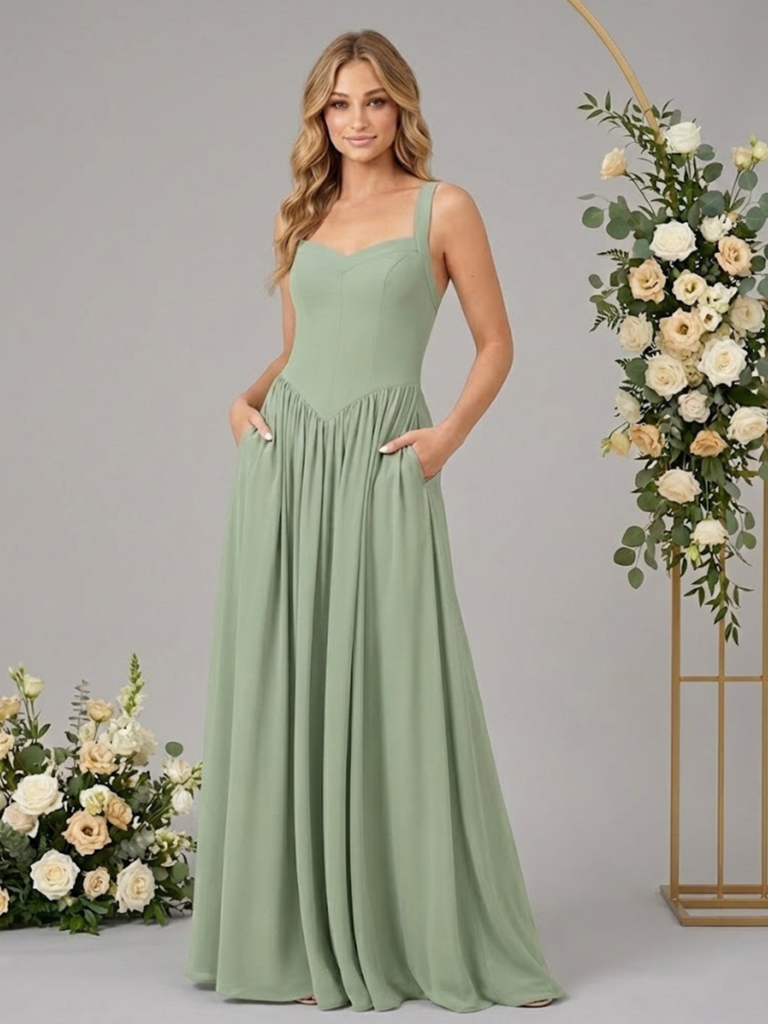 Regular Straps A Line Chiffon Long Bridesmaid Dresses with Pocket