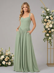 Regular Straps A Line Chiffon Long Bridesmaid Dresses with Pocket