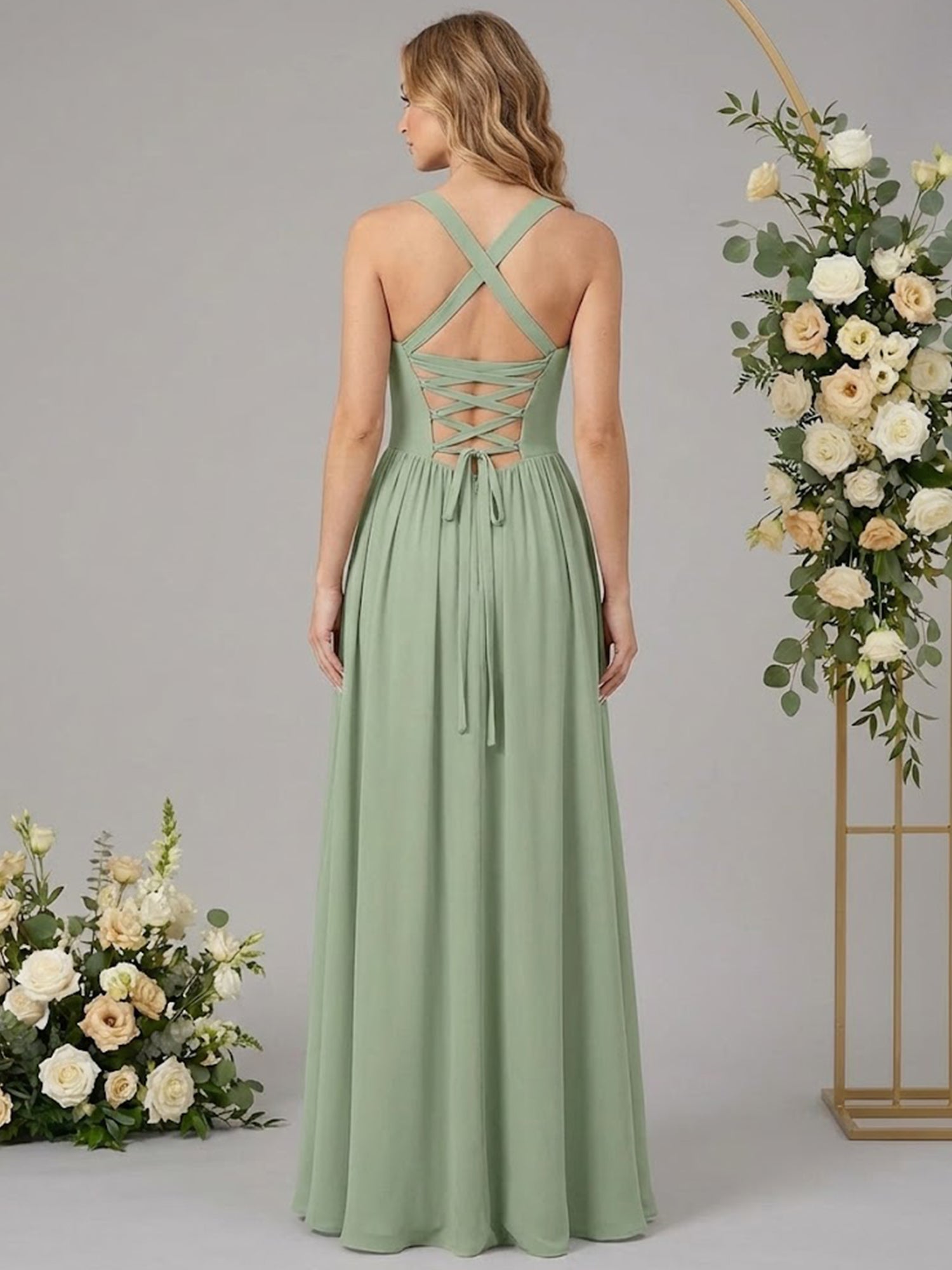 Regular Straps A Line Chiffon Long Bridesmaid Dresses with Pocket