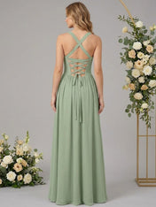 Regular Straps A Line Chiffon Long Bridesmaid Dresses with Pocket