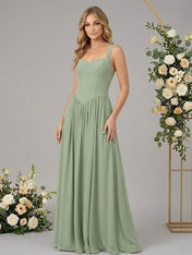Regular Straps A Line Chiffon Long Bridesmaid Dresses with Pocket