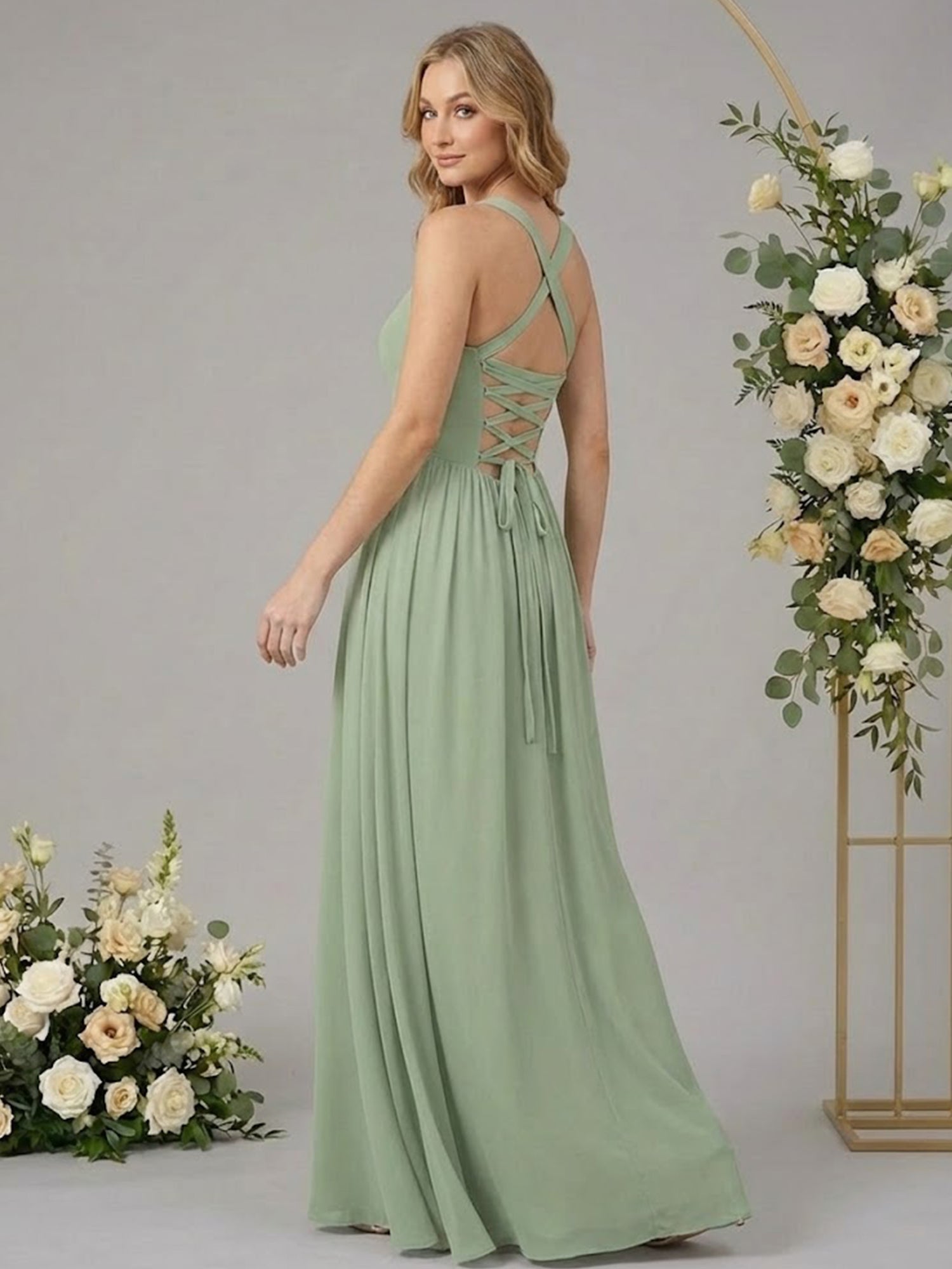 Regular Straps A Line Chiffon Long Bridesmaid Dresses with Pocket