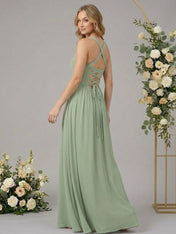 Regular Straps A Line Chiffon Long Bridesmaid Dresses with Pocket