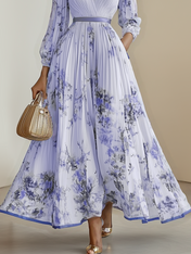 White Pleated Chiffon V Neck Floral Long Sleeve Balloon Sleeve A-Line Maxi Dress