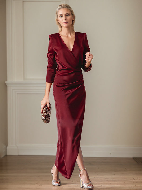 Elegant V-Neck Long Sleeves Asymmetrical Charm Mother Of The Bride Dress With Slit