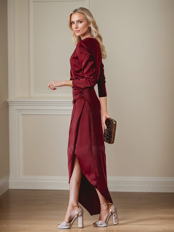 Elegant V-Neck Long Sleeves Asymmetrical Charm Mother Of The Bride Dress With Slit
