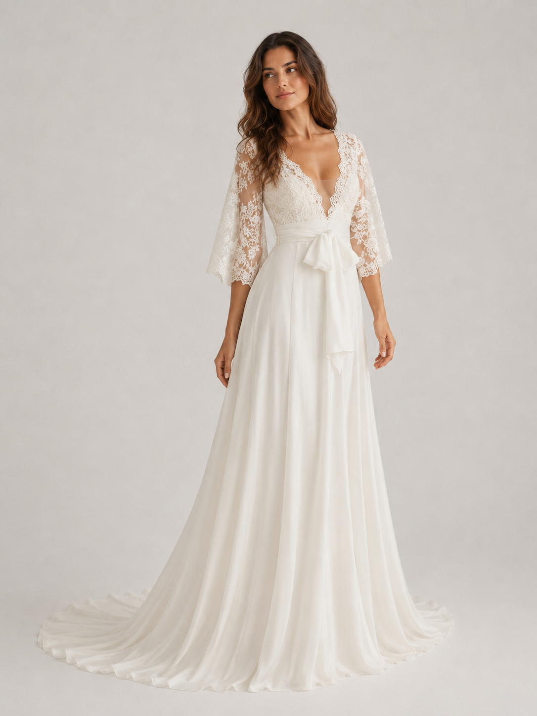 Elegant Lace Bell Sleeve A-Line Wedding Dress with Sweep Train