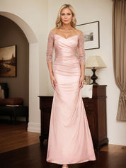Semi Sheer LIlusion Sleeves Ruched Waist Mother Of The Bride Dresses With Off Shoulder